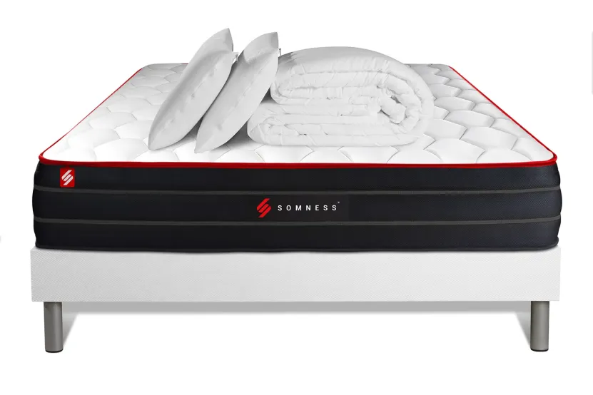 Pack lit complet - Matelas 160x200 cm + Sommier tapissier (monobloc) + 2 oreillers + Couette - Boost