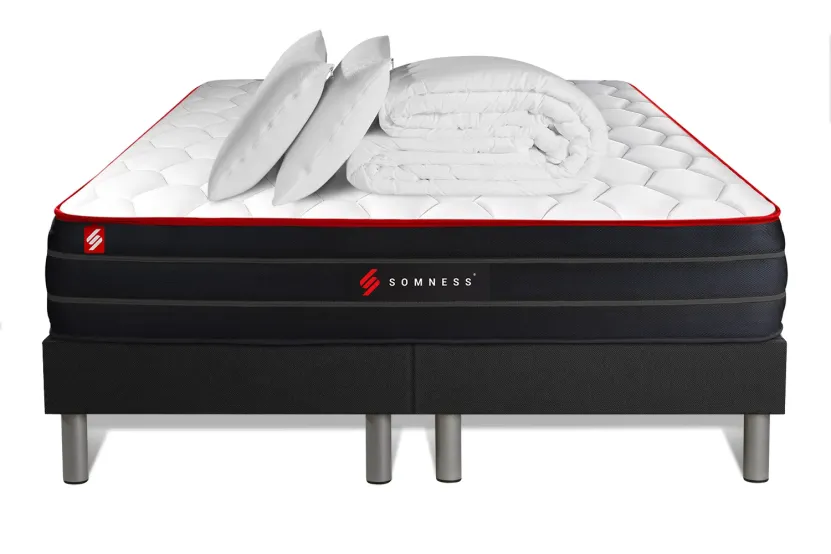 Pack lit complet - Matelas 180x200 cm + 2 Sommiers tapissier (monobloc) + 2 oreillers + Couette - Boost