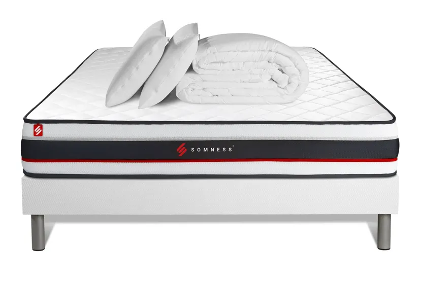 Pack lit complet - Matelas 140x190 cm + Sommier tapissier (monobloc) + 2 oreillers + Couette - Form