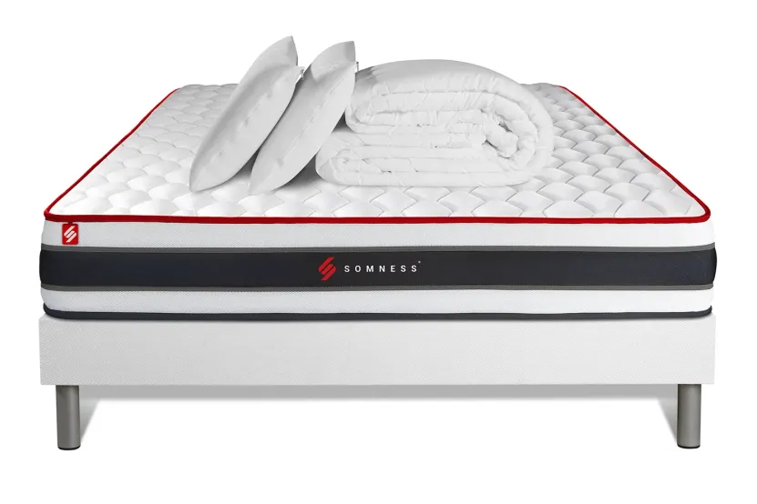 Pack lit complet - Matelas 140x190 cm + Sommier tapissier (monobloc) + 2 oreillers + Couette - Energy