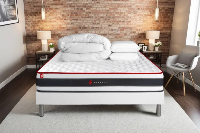 Pack lit complet - Matelas 180x200 cm + Sommier tapissier à lattes (en kit) + 2 oreillers + Couette - Energy