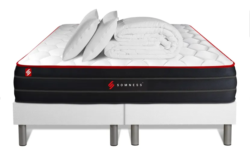 Pack lit complet - Matelas 200x200 cm + 2 Sommiers tapissiers blancs (monobloc) + 2 oreillers + Couette - Boost