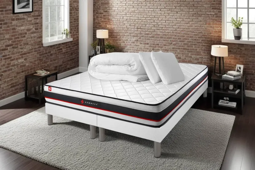 Pack lit complet - Matelas 180x200 cm + 2 Sommiers tapissier (monobloc) + 2 oreillers + Couette - Form