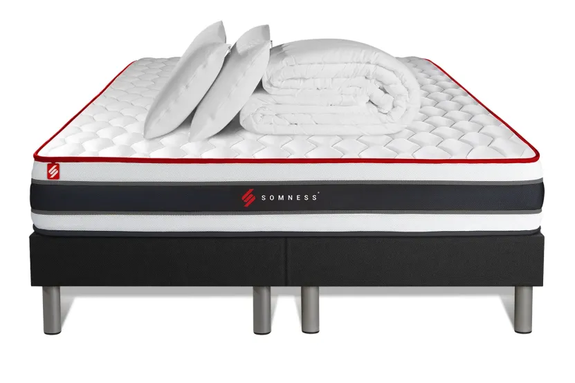 Pack lit complet - Matelas 200x200 cm + 2 Sommiers tapissiers noirs (monobloc) + 2 oreillers + Couette - Energy