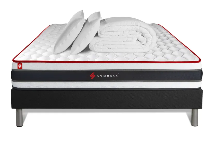 Pack lit complet - Matelas 140x200 cm + Sommier tapissier (monobloc) + 2 oreillers + Couette - Energy