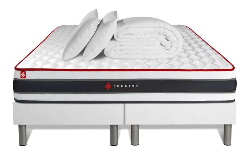 Pack lit complet - Matelas 200x200 cm + 2 Sommiers tapissiers blancs (monobloc) + 2 oreillers + Couette - Energy